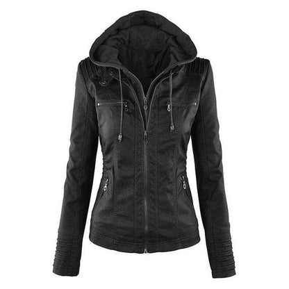 Veste en cuir slim pour femme avec capuche zippée