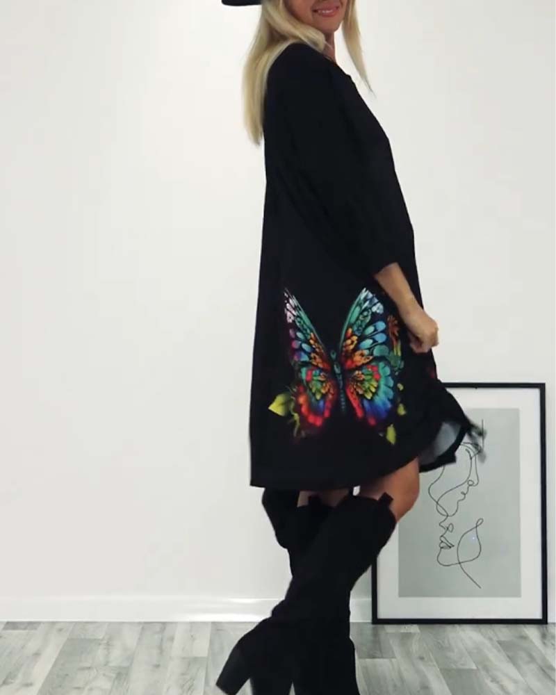 Sommerkleid Schmetterling Muster Mit Tasche - IdealeKleiden