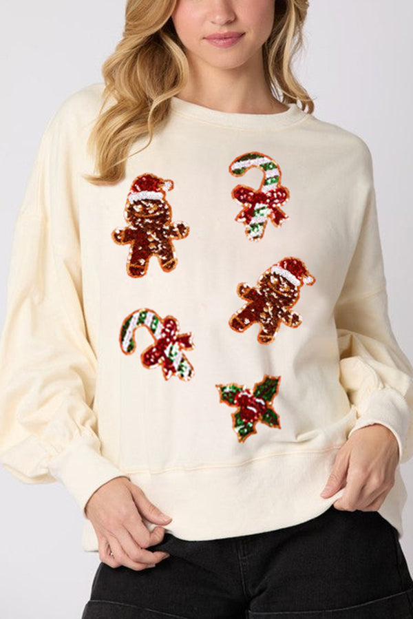 Sweat-shirt de Noël Bonhomme en pain d'épices Paillettes Décontracté Manches longues