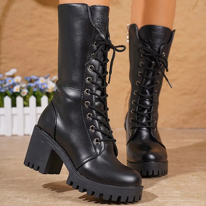 Bottes hautes pour femme à lacets et talon carré