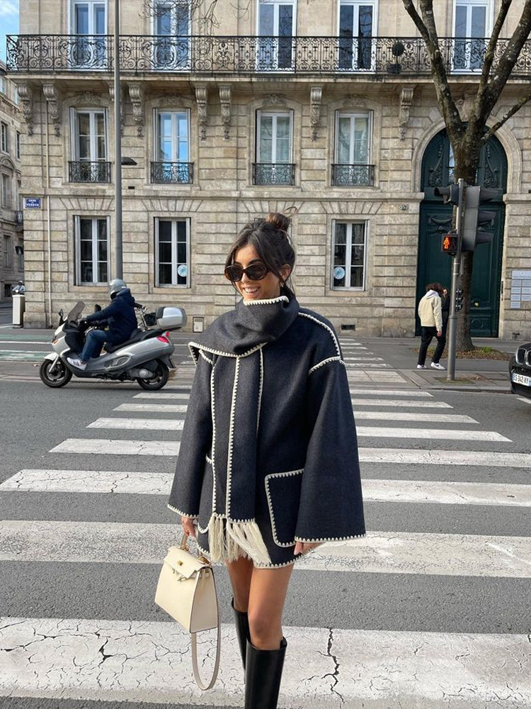 Manteau d'hiver style poncho, coupe oversize, mélange de laine