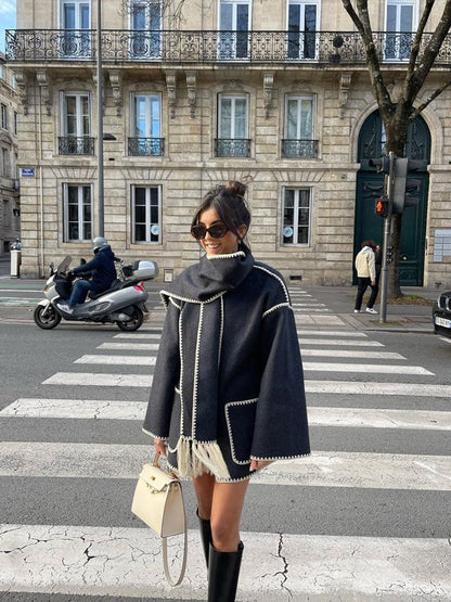 Manteau d'hiver style poncho, coupe oversize, mélange de laine