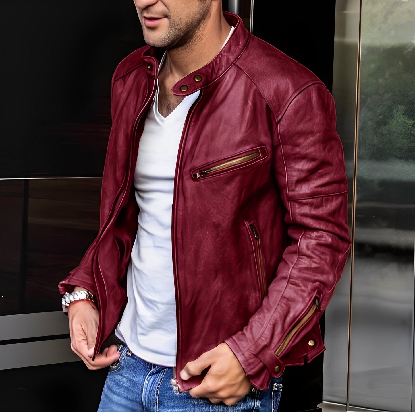 Élégante veste en cuir pour homme Fermeture éclair Poches