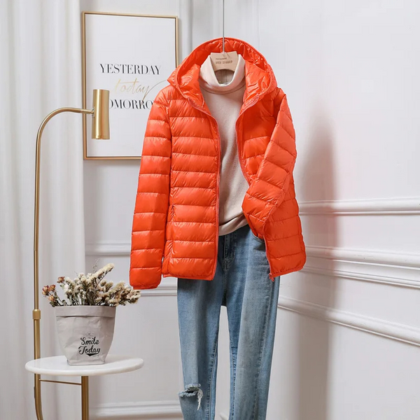 Doudoune légère femme avec capuche et fermeture éclair, veste de sport