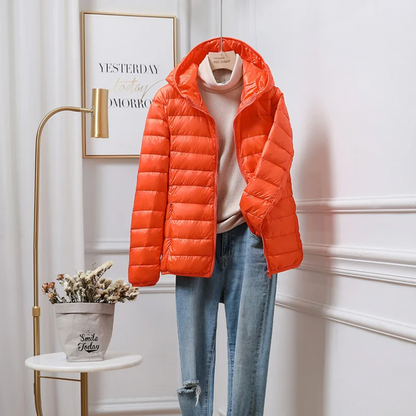 Doudoune légère femme avec capuche et fermeture éclair, veste de sport