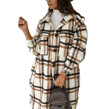 Élégante veste longue à carreaux pour femme