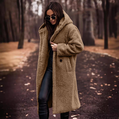 Manteau d'hiver long en teddy pour femme avec capuche
