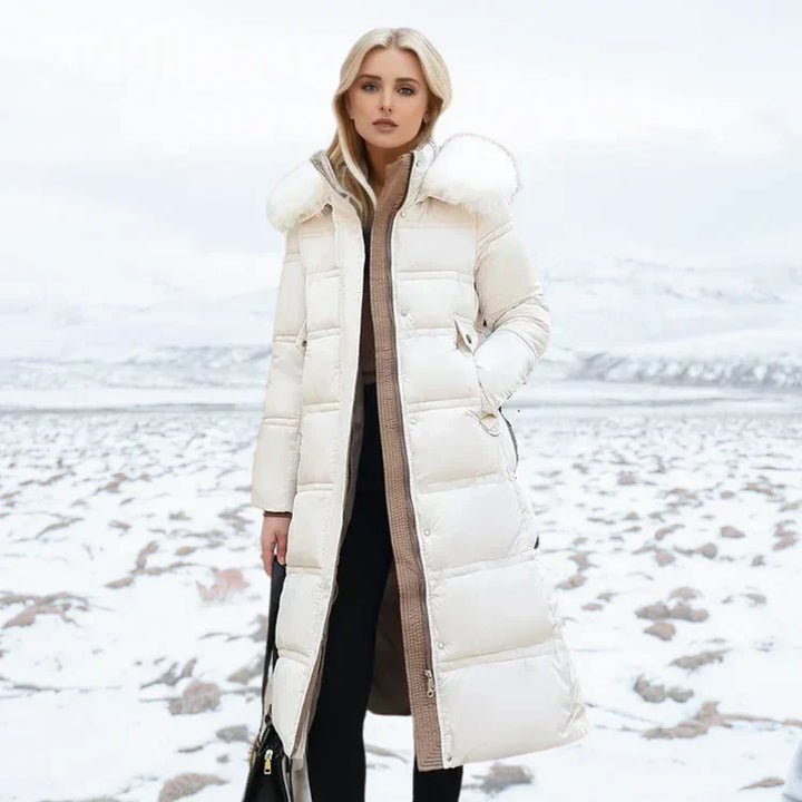 Veste longue femme élégante ajustée avec détail en fourrure