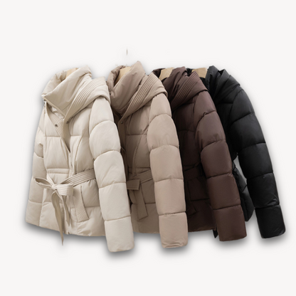 Damen Winterjacke Puffer Kapuze Gürtel - IdealeKleiden