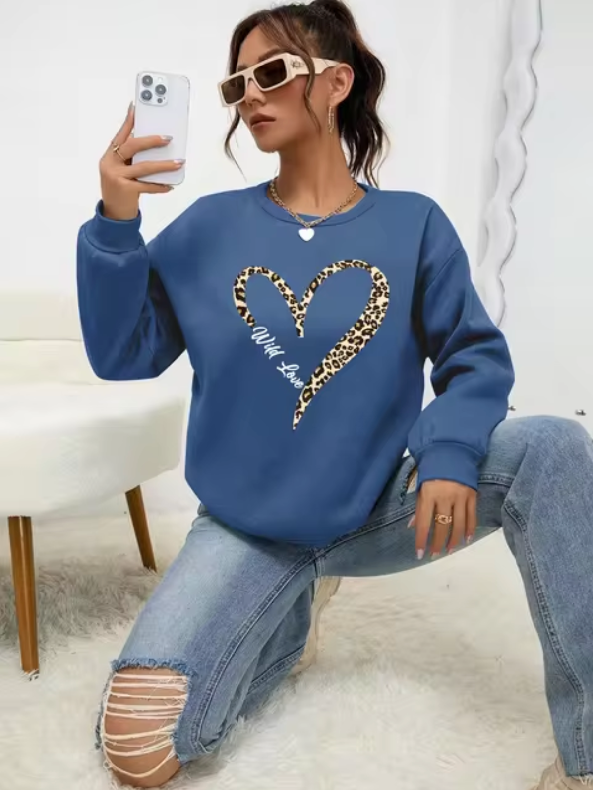 Pull tendance à motif léopard et cœur