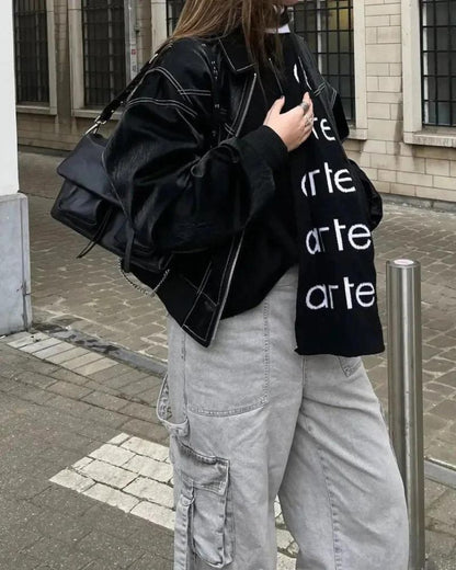 Blouson bombardier en cuir élégant noir pour femme