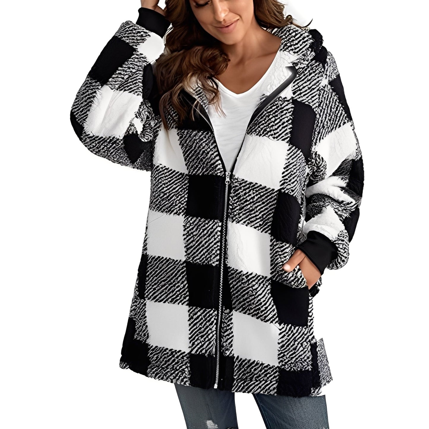 Sweat à capuche tendance pour femme à carreaux