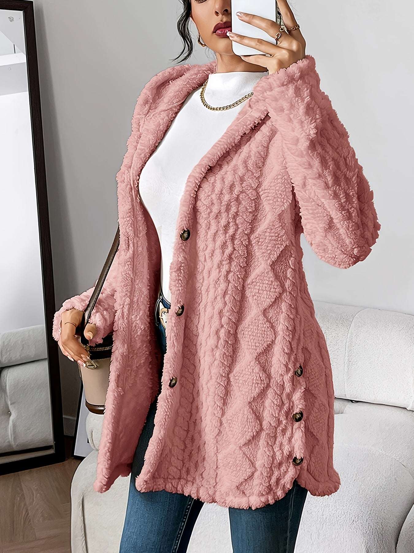 Veste longue d'hiver pour femme avec capuche et boutons