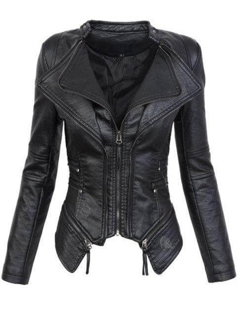 Blouson en cuir noir pour femme, style motard asymétrique