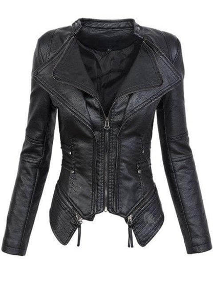 Blouson en cuir noir pour femme, style motard asymétrique