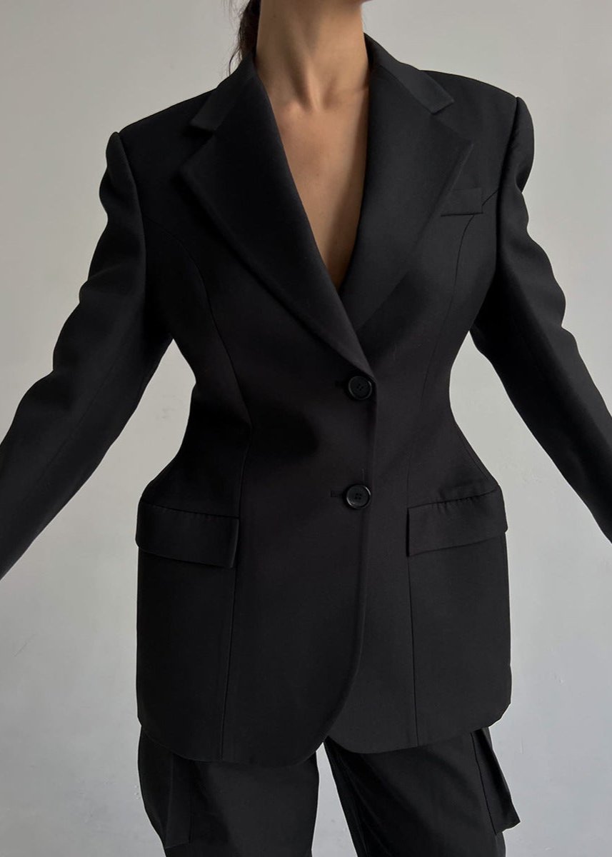 Veste de costume noire col V Élégant