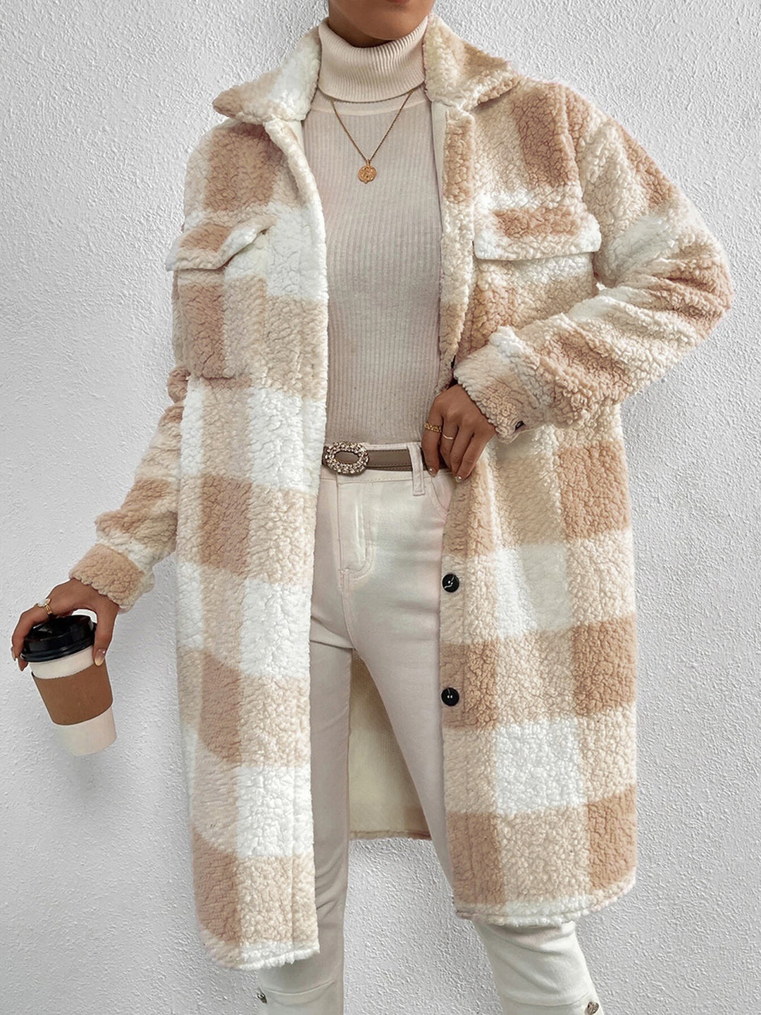 Veste à carreaux pour femme Col en peluche Fermeture boutonnée