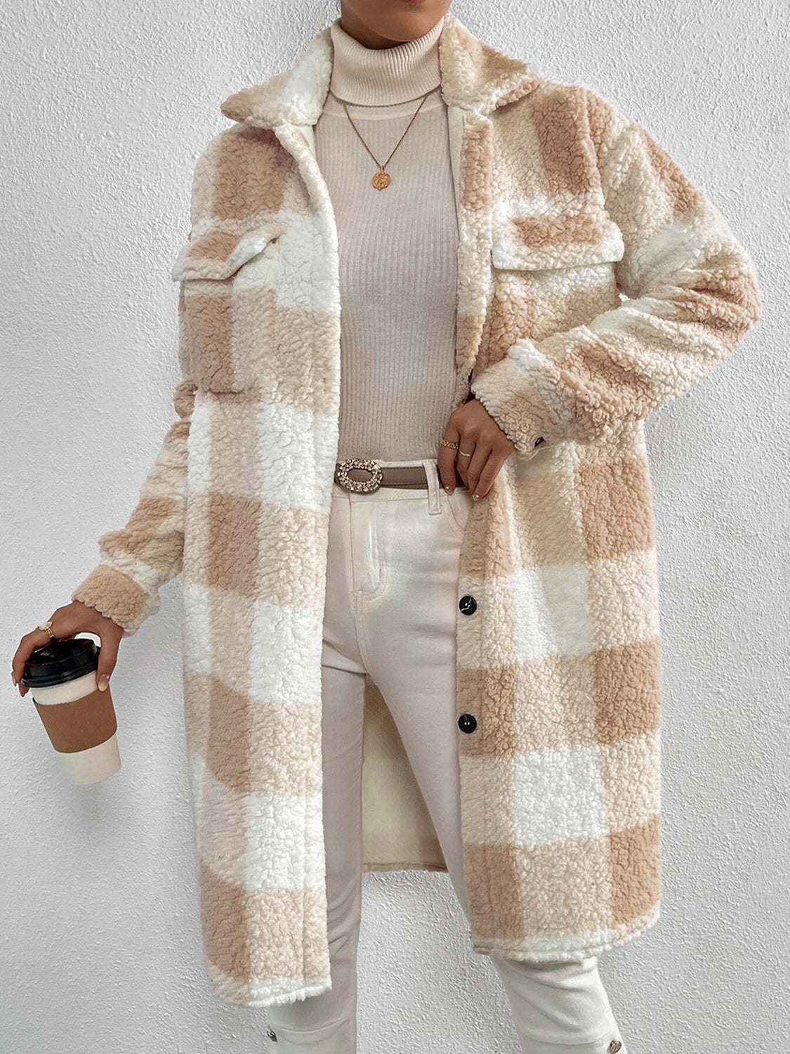 Veste à carreaux pour femme Col en peluche Fermeture boutonnée
