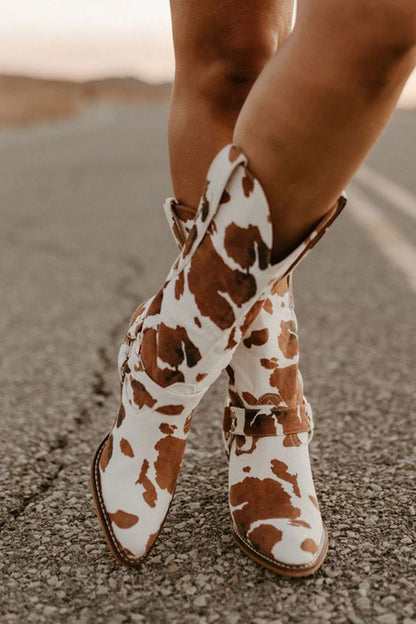 Bottes femme style western imitation peau de vache