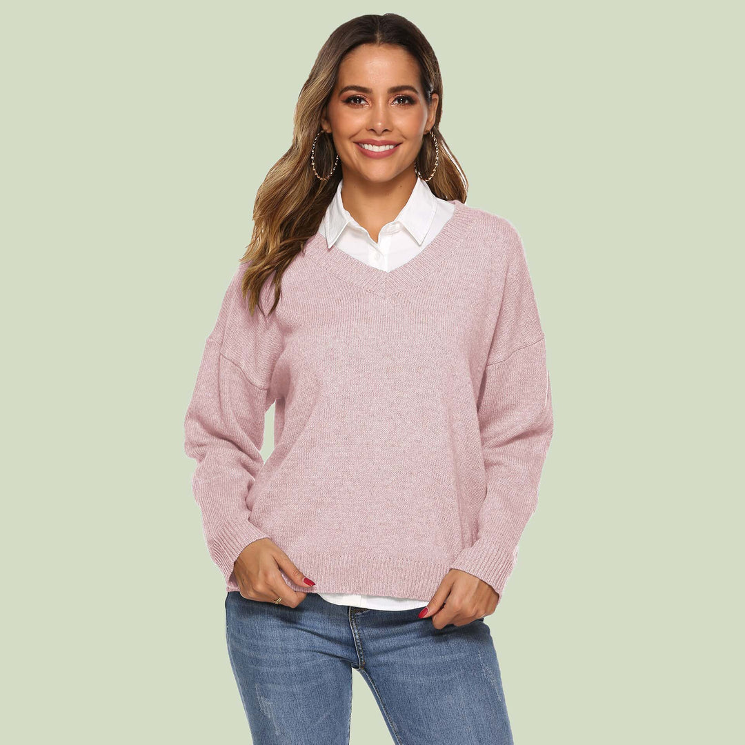 Pull en tricot femme col en V confortable manches longues