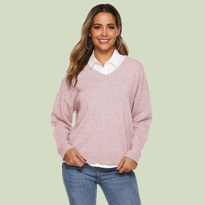 Pull en tricot femme col en V confortable manches longues