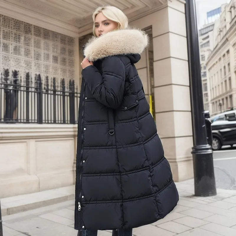 Manteau d'hiver femme long capuche fourrure ceinture