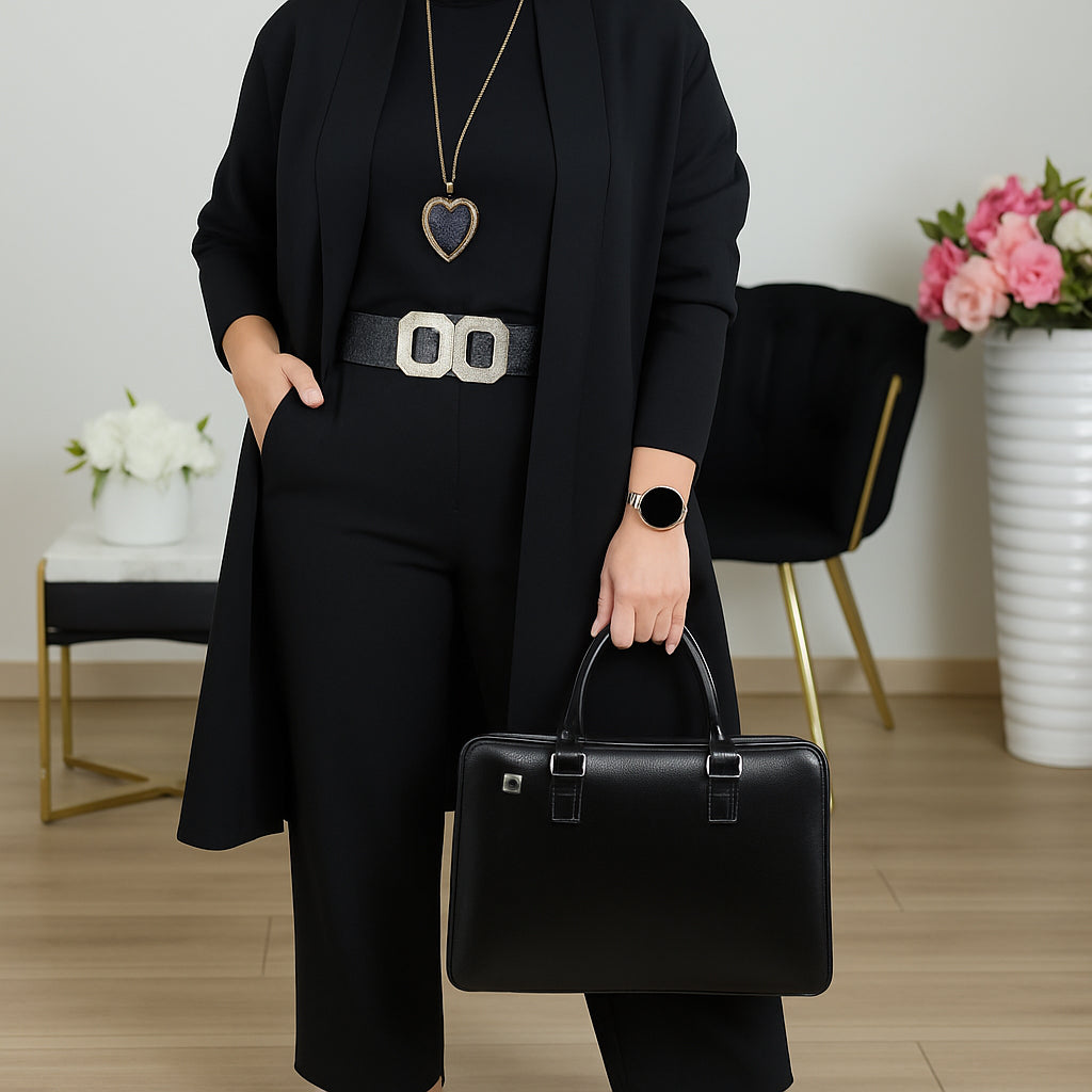 Ensemble 3 pièces élégant : long cardigan, top et pantalon pour femme