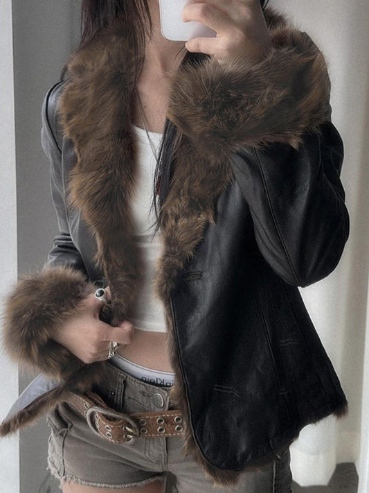 Stilvolle Lederjacke Amerikanisch Design Pelzdetail - IdealeKleiden