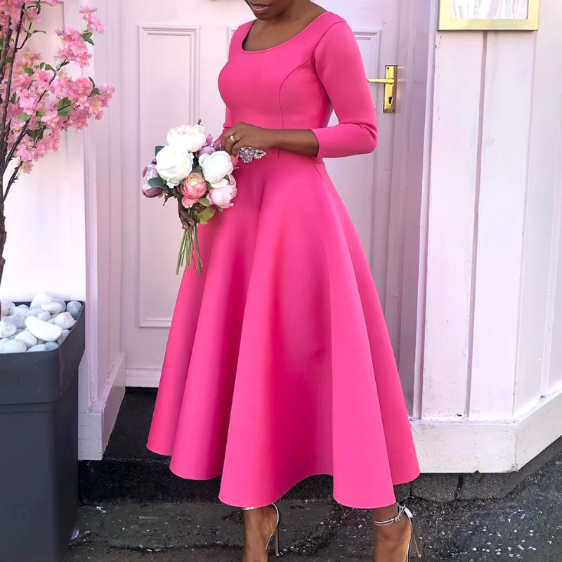 Élégante robe midi femme col rond Coupe