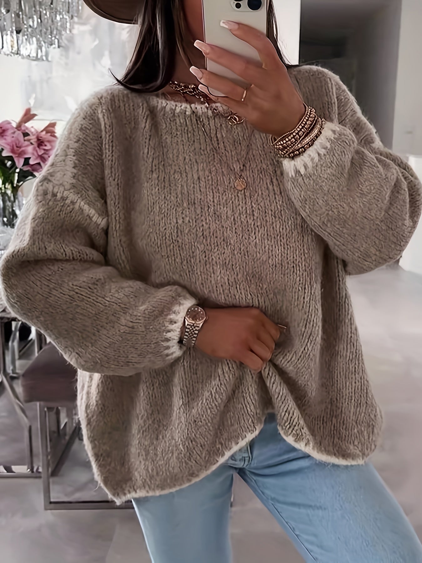 Pull-over amples Tricot doux Confortable Détails crochet