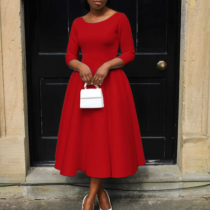 Elegantes Damen Midi-Kleid Rundhals Schnitt - IdealeKleiden