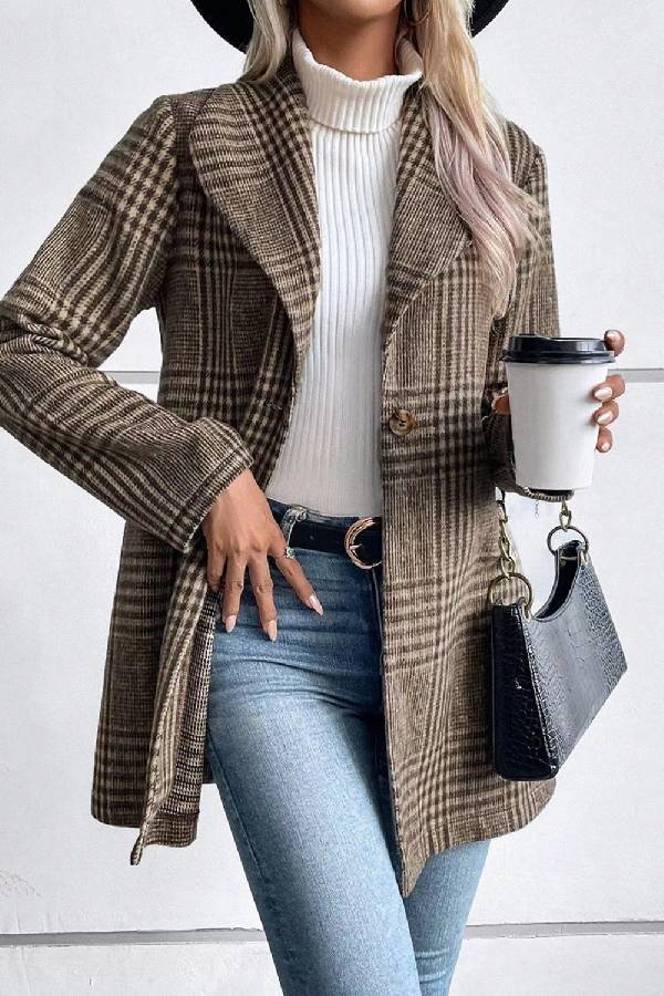 Élégante veste à manches longues Col à carreaux pour femmes
