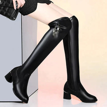 Chaussures Femme Bottes à Talons Carrés en Cuir Noir