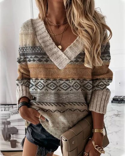 Pull femme col V manches longues