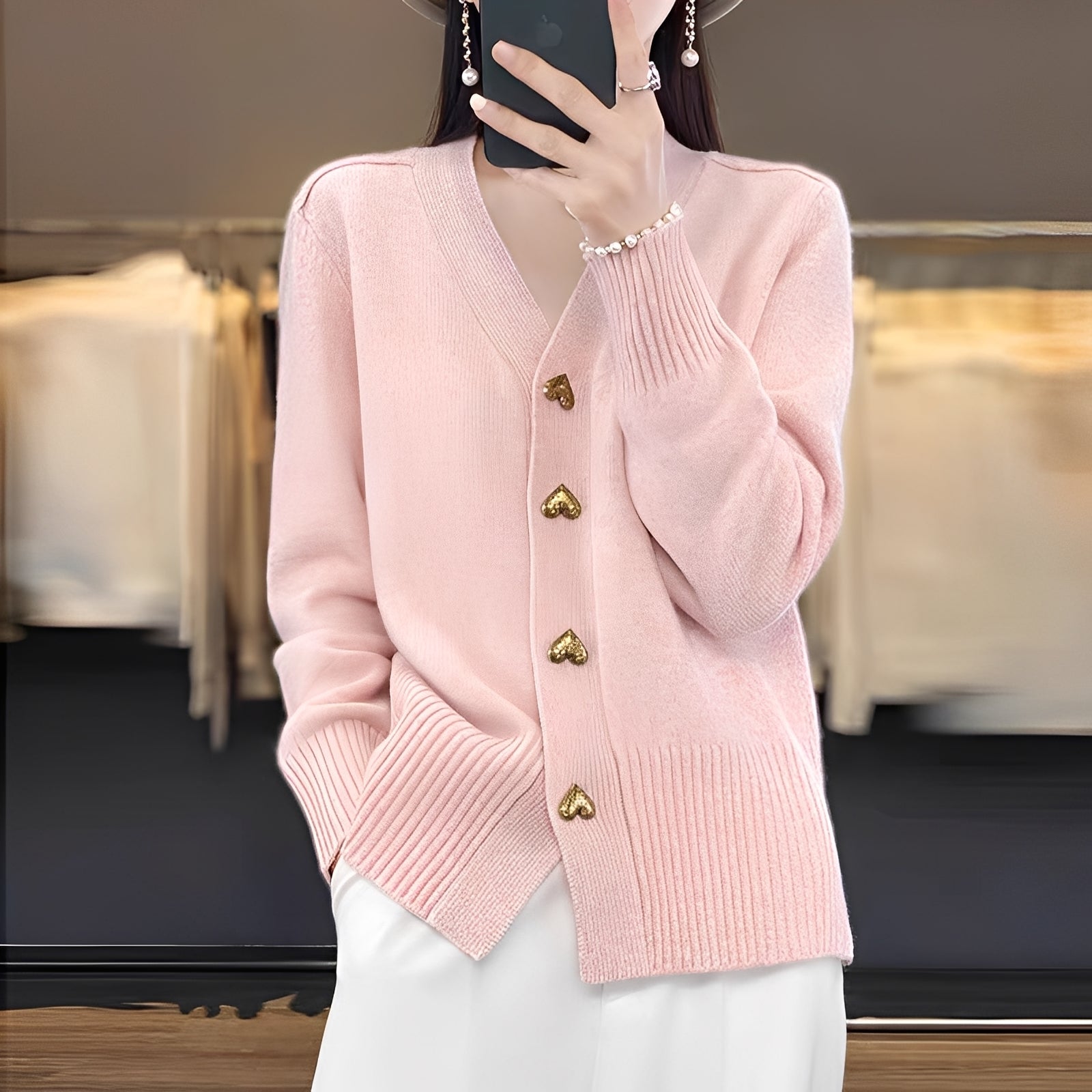 Frauen Strickjacke Herzknöpfe Elegант - IdealeKleiden