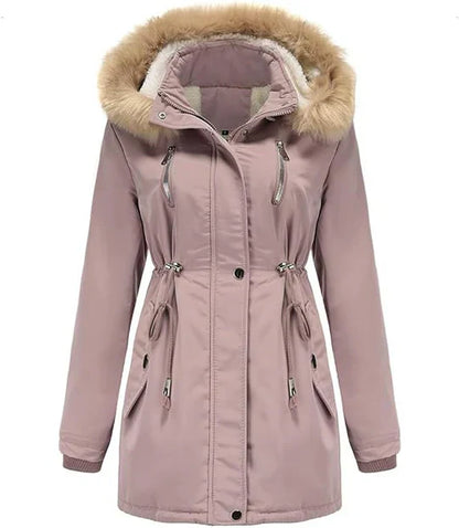 Long manteau d'hiver à capuche fausse fourrure polaire