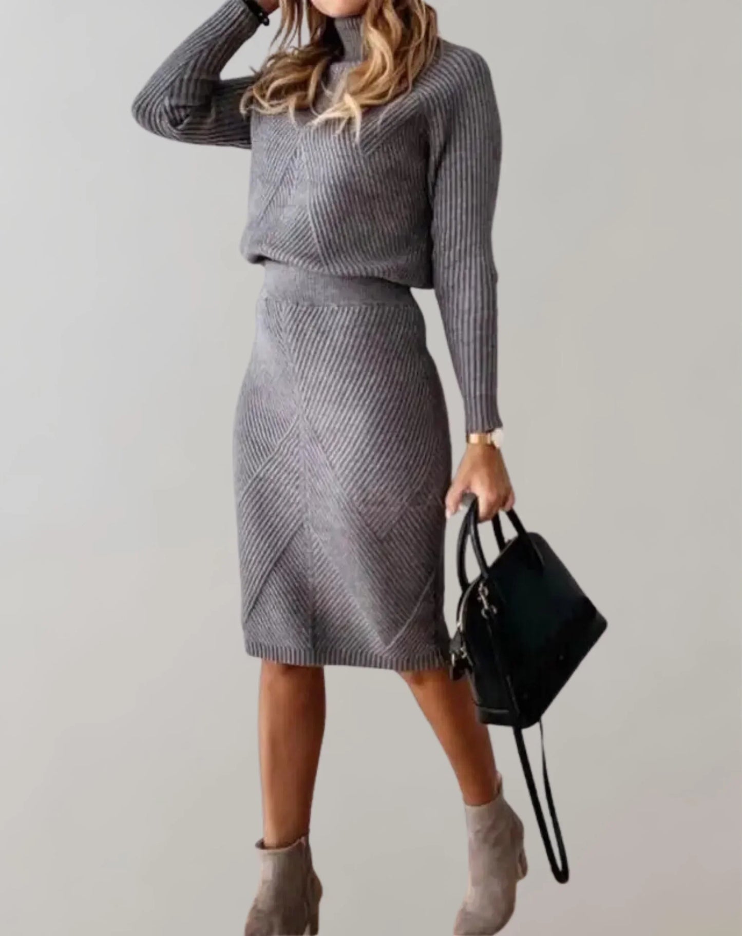 Ensemble deux pièces chic pour femme, pull col roulé coupe ajustée et jupe midi