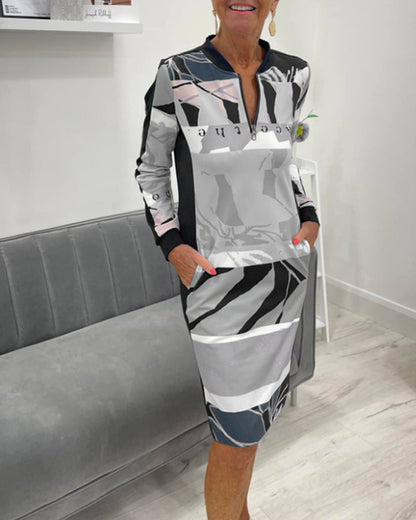 Robe à manches longues et poche, motif blocs de couleur