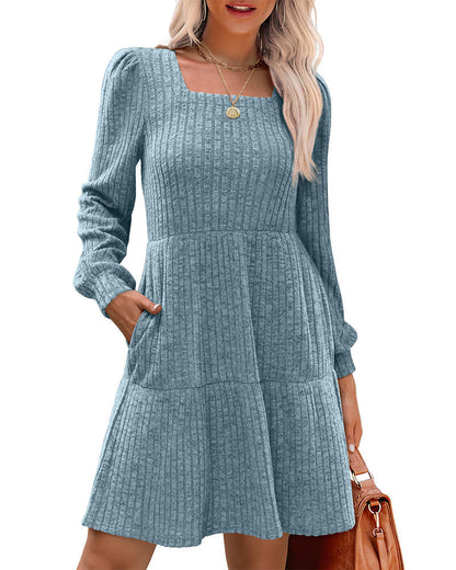Robe élégante pour femme, col carré, côtelée