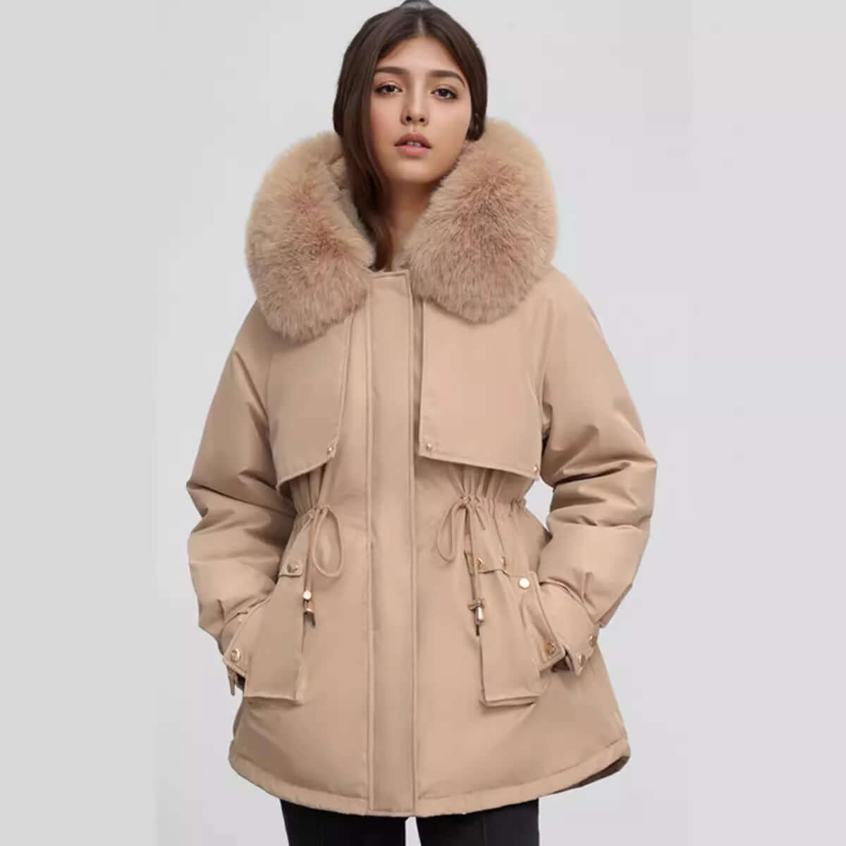 Manteau d'hiver femme col fausse fourrure élégant