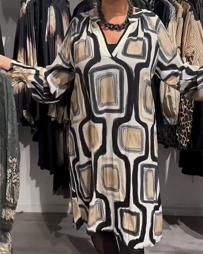 V-Ausschnitt Kleid Geometrisches Muster Damenkleid - IdealeKleiden