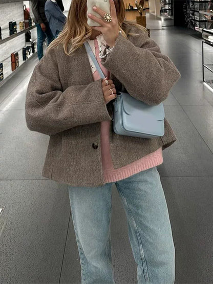 Manteau femme élégant en laine mélangée à col en V
