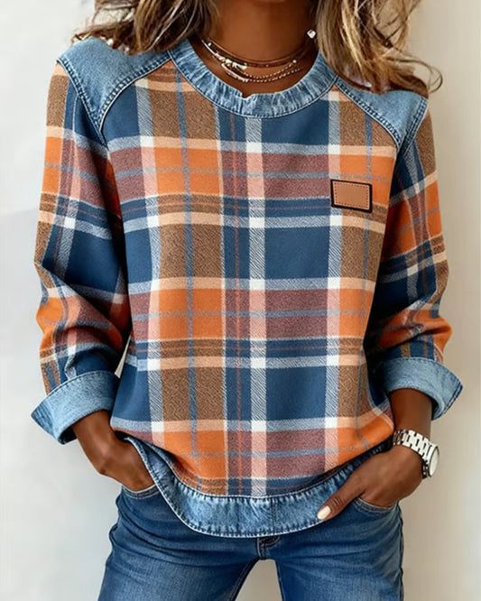 Mode Sweatshirt Karomuster Patchwork Design - IdealeKleiden