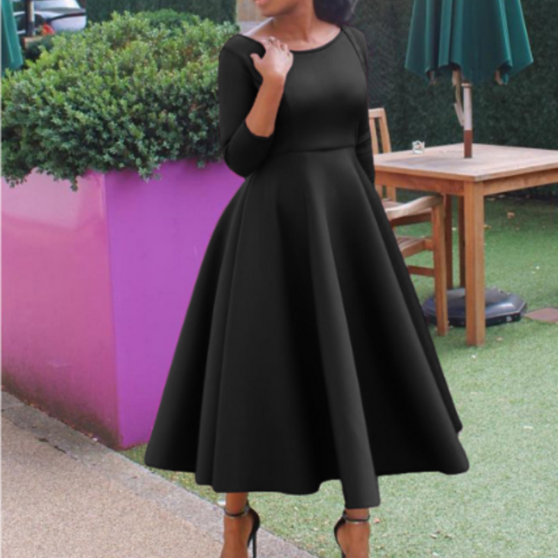 Élégante robe midi femme col rond Coupe