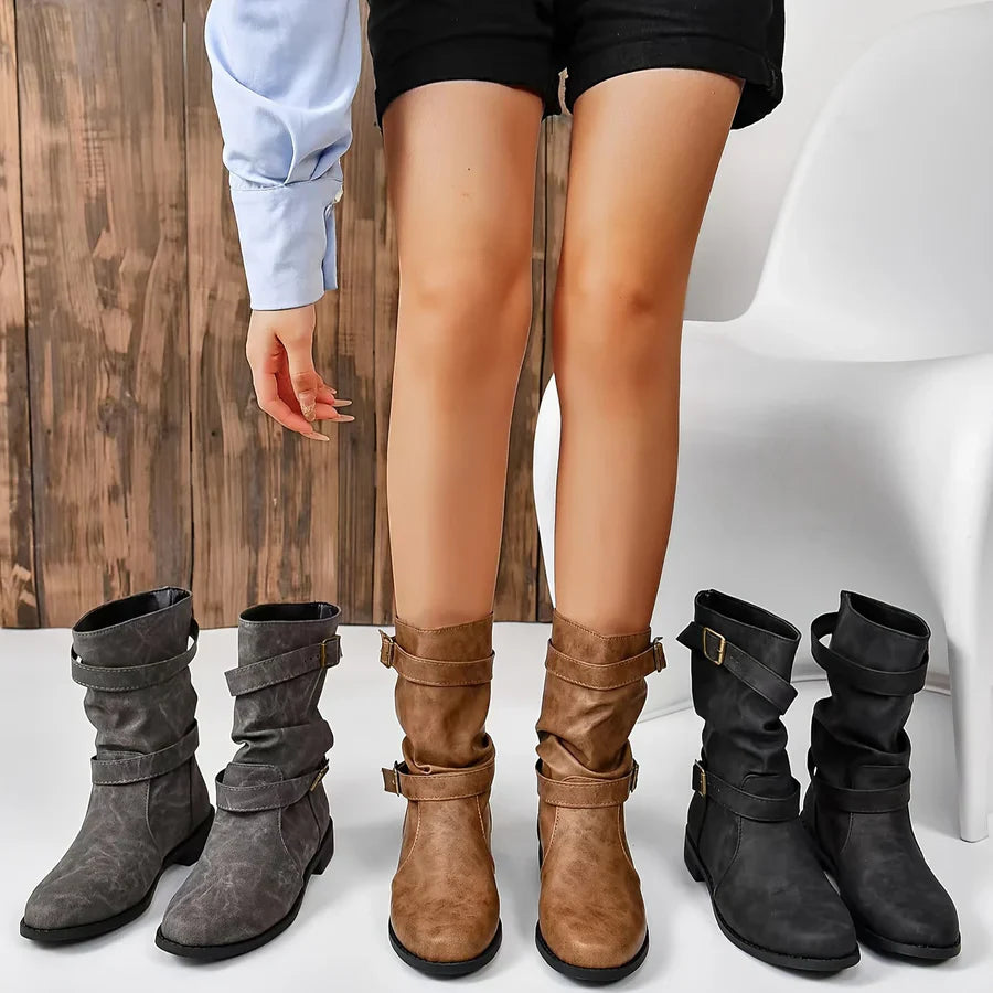 Westliche Stiefel Damen Vintage Riemen Knöchelstiefel - IdealeKleiden