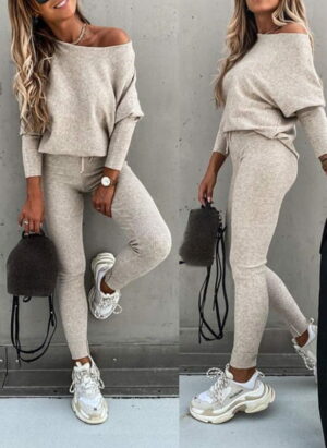 Tenue de Noël | Ensemble pull à épaules dénudées pour femme avec leggings