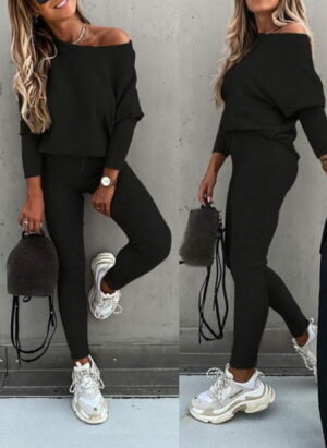 Tenue de Noël | Ensemble pull à épaules dénudées pour femme avec leggings