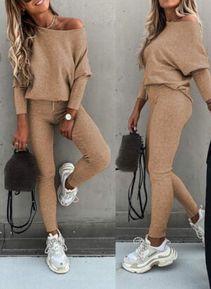 Tenue de Noël | Ensemble pull à épaules dénudées pour femme avec leggings