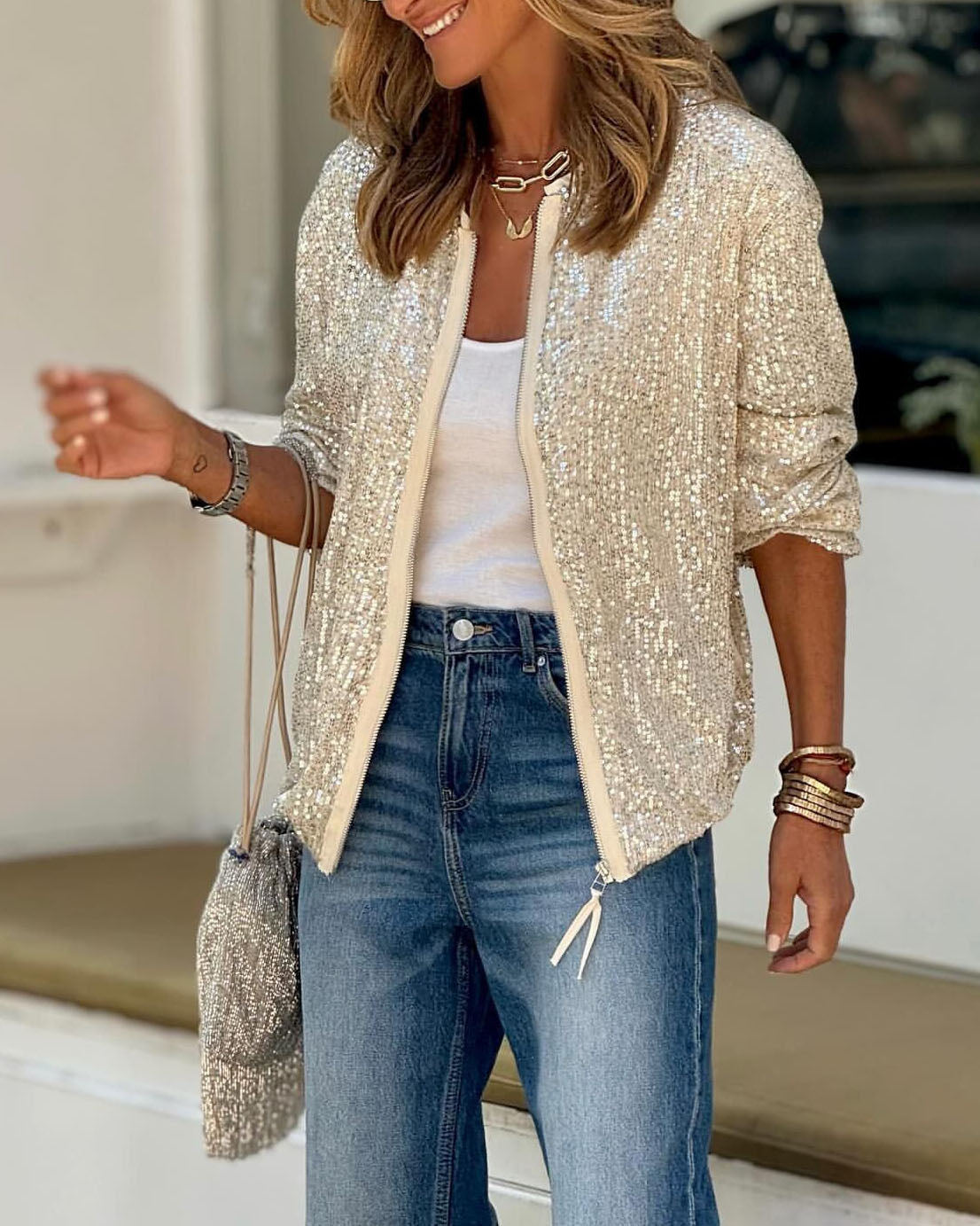 Blouson de baseball scintillant style paillettes