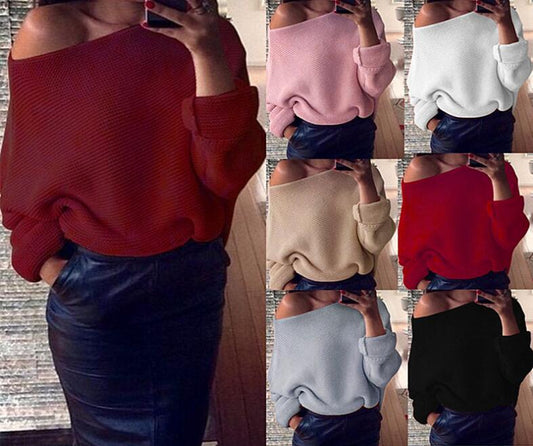 Damen Off-The-Shoulder Pullover Weich Grobstrick - IdealeKleiden